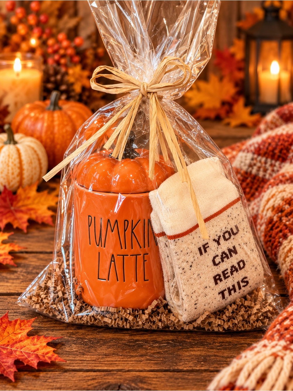 Rae Dunn Orange Pumpkin Latte Mug with Cream Socks Gift Set